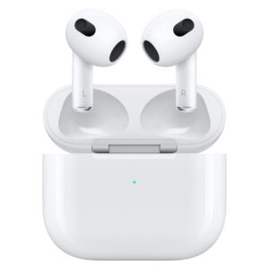 هدفون بلوتوثی اپل مدل AirPods 3 با نویز کنسلینگ میکروفون (ENC)، درگاه شارژ لایتنینگ، دارای سنسور تشخیص پوست و پشتیبانی از فرمان لمسی، مقاوم در برابر رطوبت و عرق