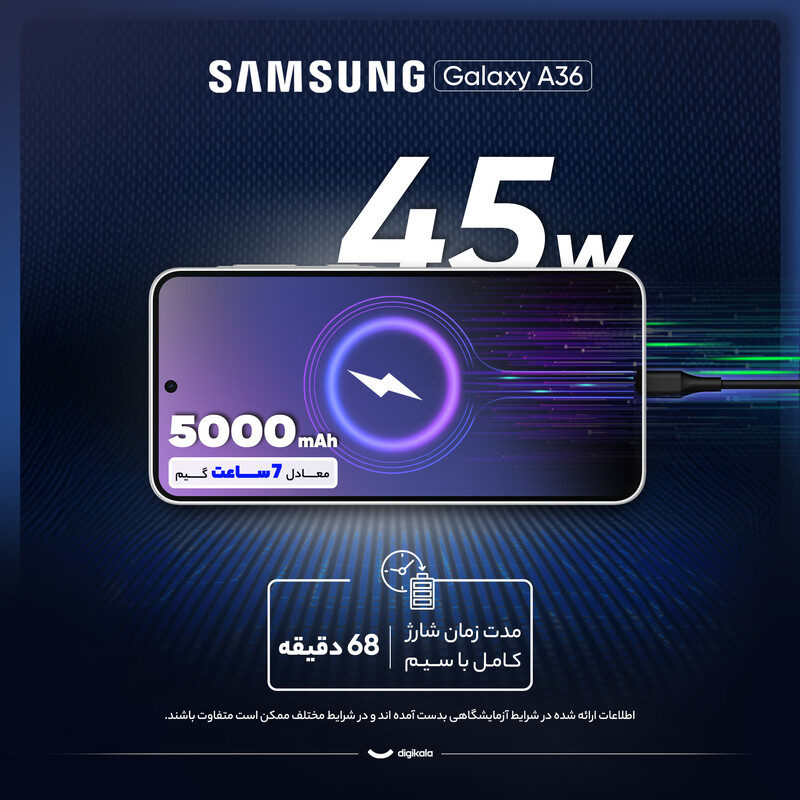 گوشی موبایل سامسونگ مدل Galaxy A36 دو سیم کارت ظرفیت 256 گیگابایت و رم 8 گیگابایت – ویتنام – به همراه شارژر 25 وات سامسونگ